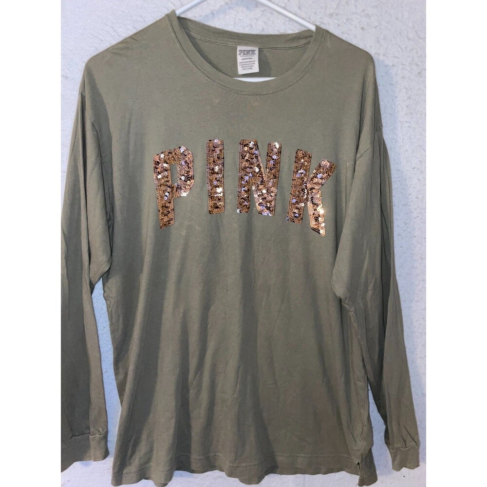 Victoria Secret PINK T shirt Long Sleeve Womens Top Tee Logo Sequin Bling sz L